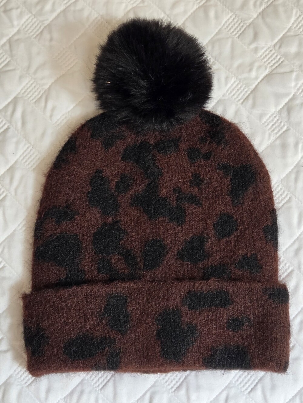 House of Harlow 1960 Leopard Mohair Blend Pom Beanie Hat Brown Black OS